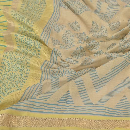 Sanskriti Vintage Dupatta Long Stole Chanderi Cream Block Printed Wrap Scarves